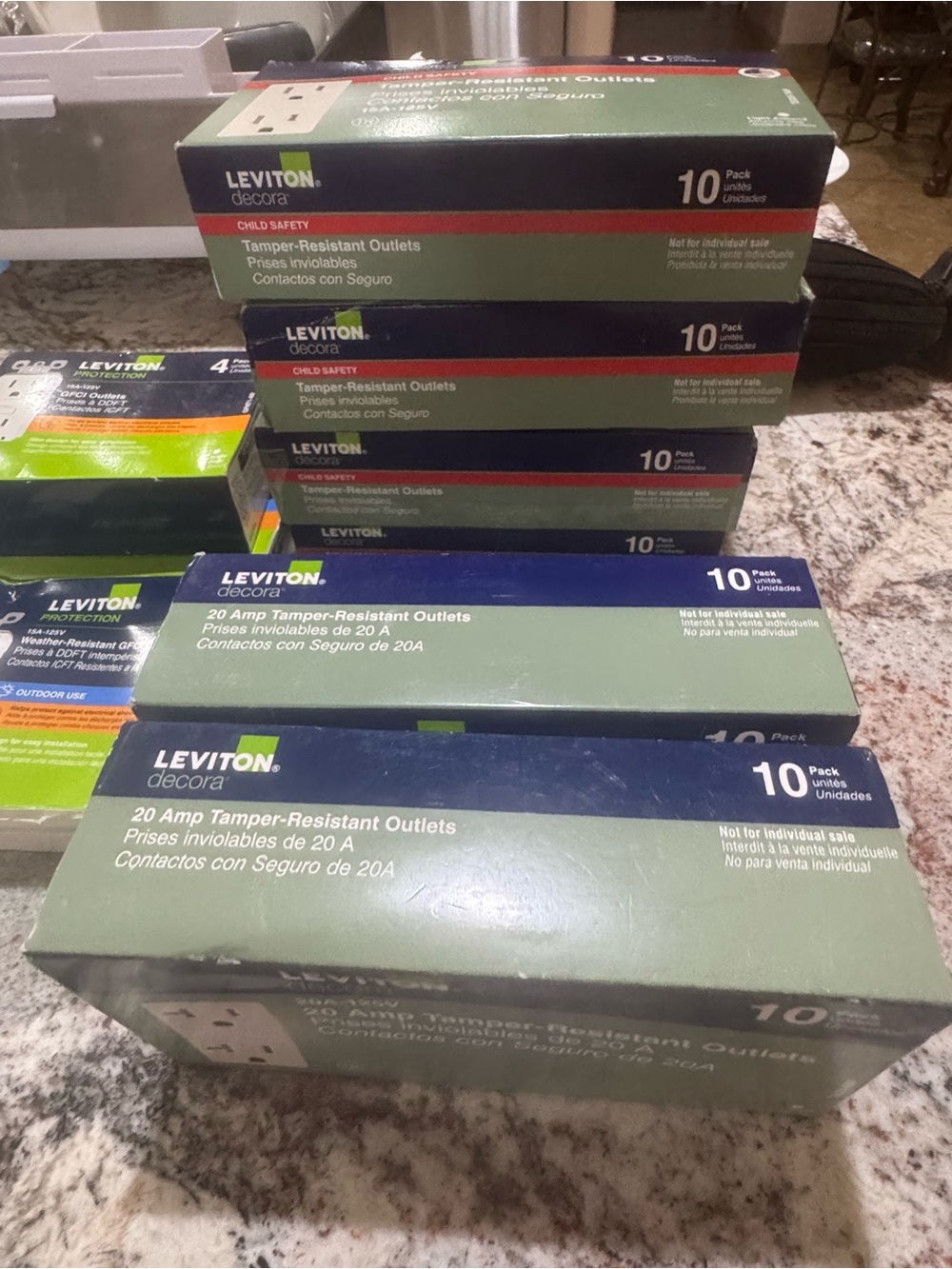 Leviton Decora tamper-resistant electrical receptacles/outlets.